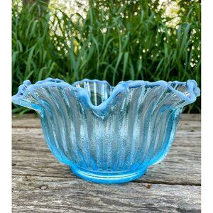 Vintage MCM Opalescent Blue Ribbed Ruffled Art Glass Bowl